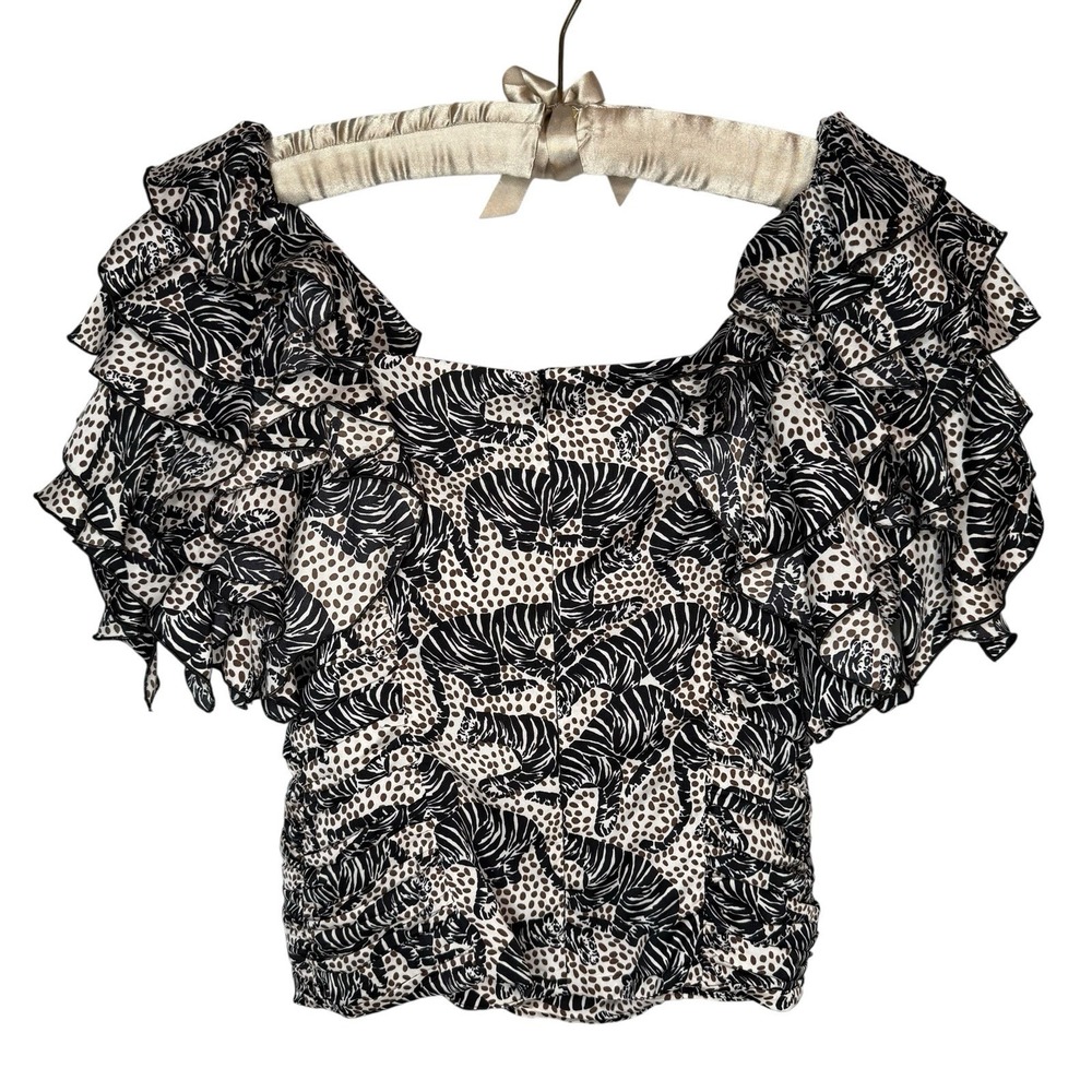ZARA Blouse Small Tiger Animal‎ Print Ruffle Square Neck Ruched Statement RARE - Picture 5 of 8